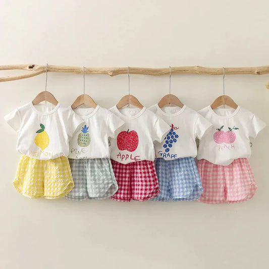 Girls summer cotton fruit t-shirt with matching plaid shorts set in various colors