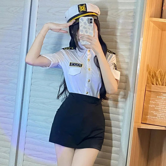 2025 Halloween Costume d'Halloween pour Femme, Tenue de Vol à Taille Fine, Tenue de Rêve, Haut avec Jupe, Cosplay de Policière Good Vibrations