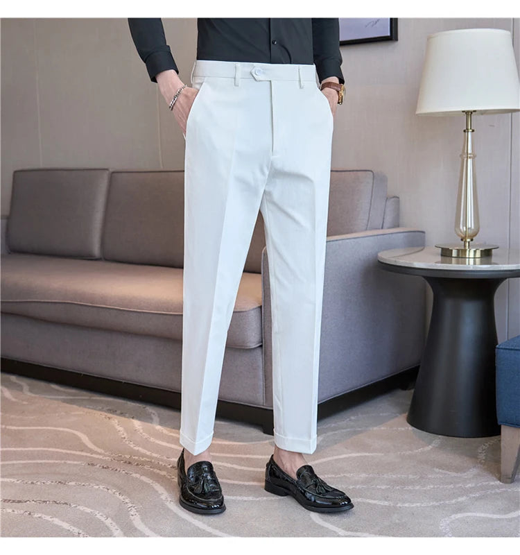 Men Suit Pants 2025 Elastic Slim Fit Formal Dress Pants Solid Casual White Trousers Pantalon Homme Wedding Party Men Clothing Good Vibrations