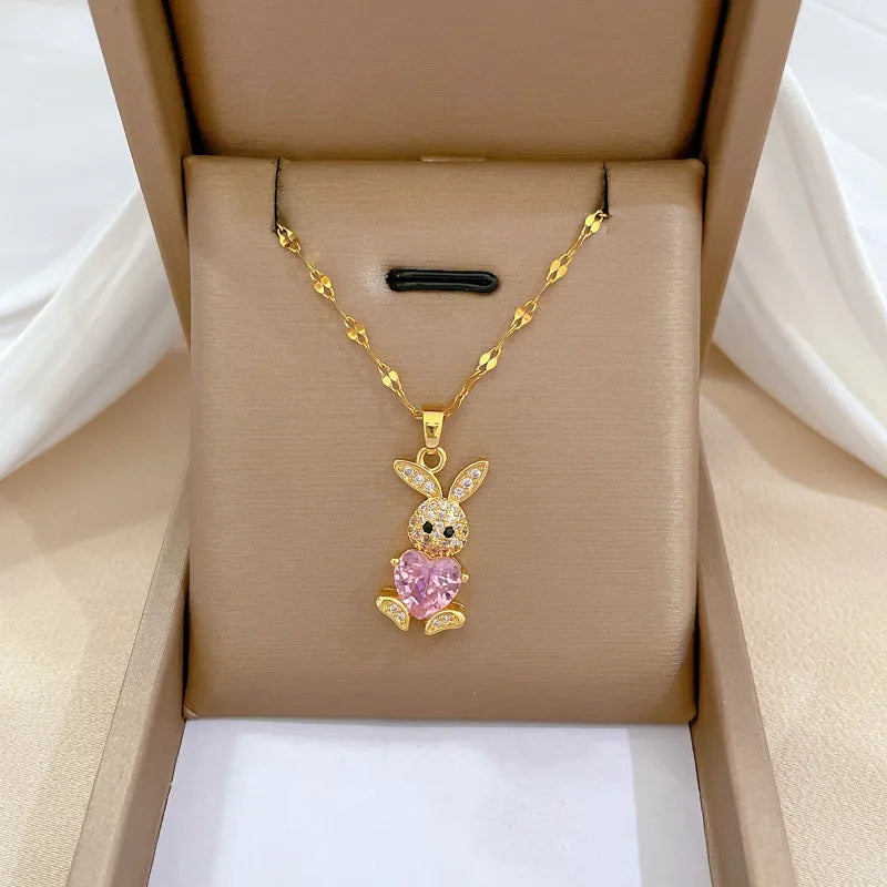 Stainless Steel Jewelry Sets for Woman Girls Shining Austrian Crystal Cute Rabbit Pendant Necklace Huggie Earrings Birthday Gift Good Vibrations Adult Super Store