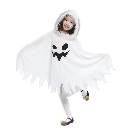 Halloween Kids Cosplay Costume White Elf Cloak Ghost Hooded Cloak Christmas Cloak Boy Girl Cape Clothes Good Vibrations