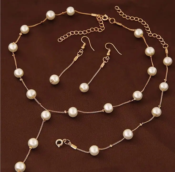 4pcs Gold-color Necklace Earring Bracelet Set Ladies Elegant Imitation-Pearls Collection Temperament Tassel Jewelry Good Vibrations Adult Super Store