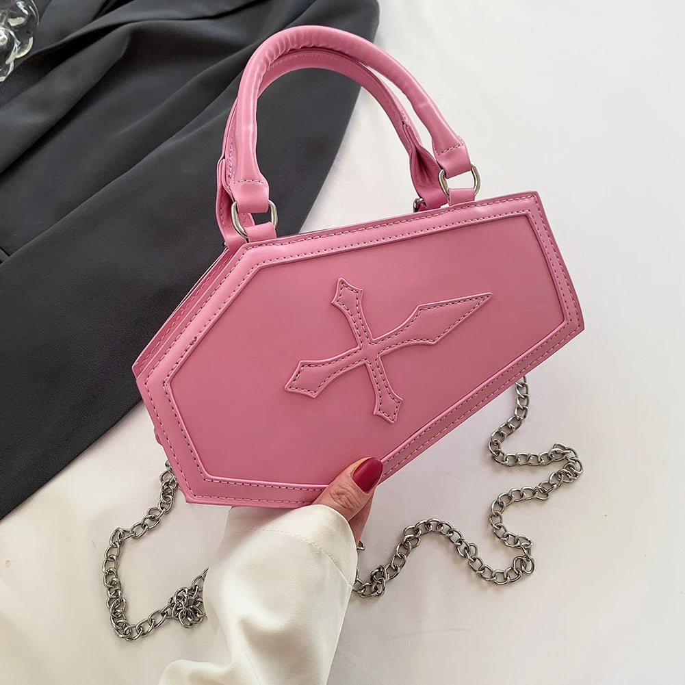 Women Crossbody Bag Large Capacity Coffin Shape Phone Shoulder Bag Halloween PU Top Handle Bag for Travel Make Up Cosmetic Bag Good Vibrations