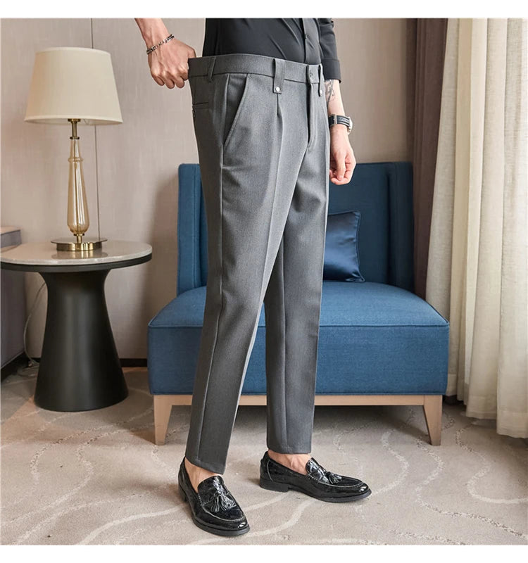 Mens Suit Pants 2025 Autumn New British Style Elastic Waist Solid Casual Formal Dress Pants Slim Fit Trousers for Men Clothing Good Vibrations