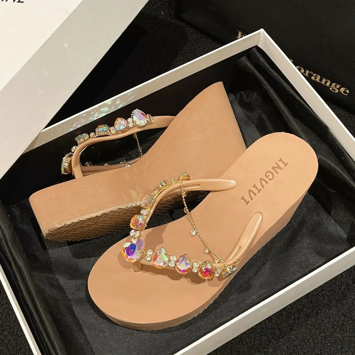 Flip Flops Women New High Heeled Slippers Women Diamond Slope Heel Slippers Elegant Fashion Beach Sandals Womens Sexy Shoes Good Vibrations