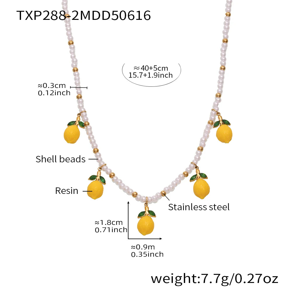 Nivora Resin Fruit Lemon Pendant Necklace For Women Imitation Pearl Stainless Steel Zircon Handmade Strand Beads Choker Jewelry Good Vibrations