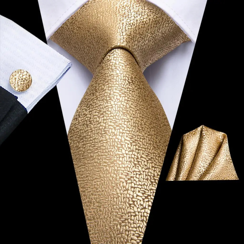 Hi-Tie Champagne Gold Striped Paisley Solid Men Silk Wedding Tie Fashion Design Necktie For Men Hanky Cufflink Business Party Good Vibrations