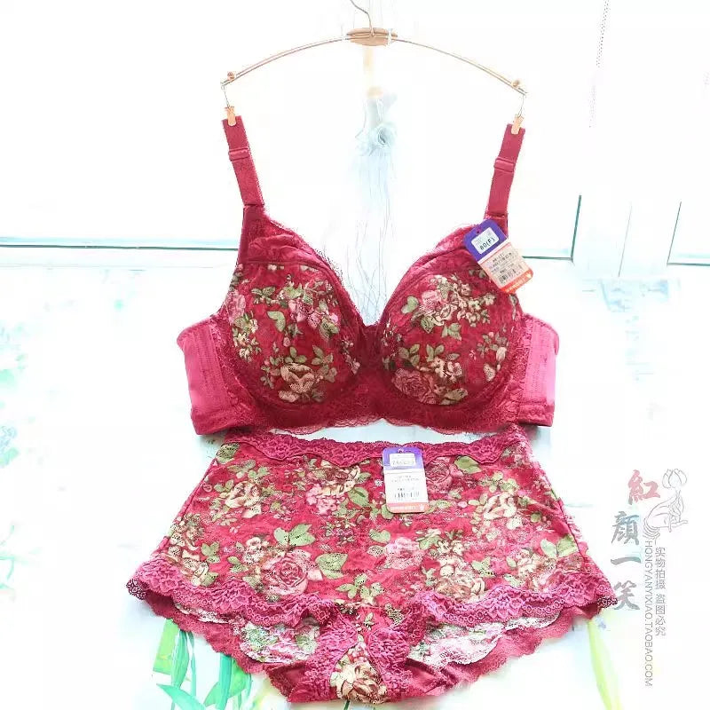 Women's Bra Set Sexy Lace Printed Embroidery Plus Size Full Cup Female Lingerie Suit 34 36 - 48 B C D E F Good Vibrations