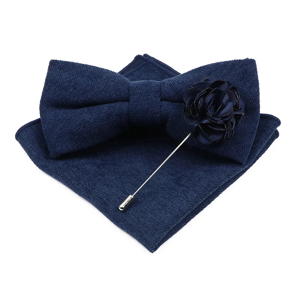Mens Solid Color Cotton Bowtie Pocket Square Brooch Sets Pink Blue Super Soft Suede Bow Tie Handkerchief For Wedding Party Gift Good Vibrations