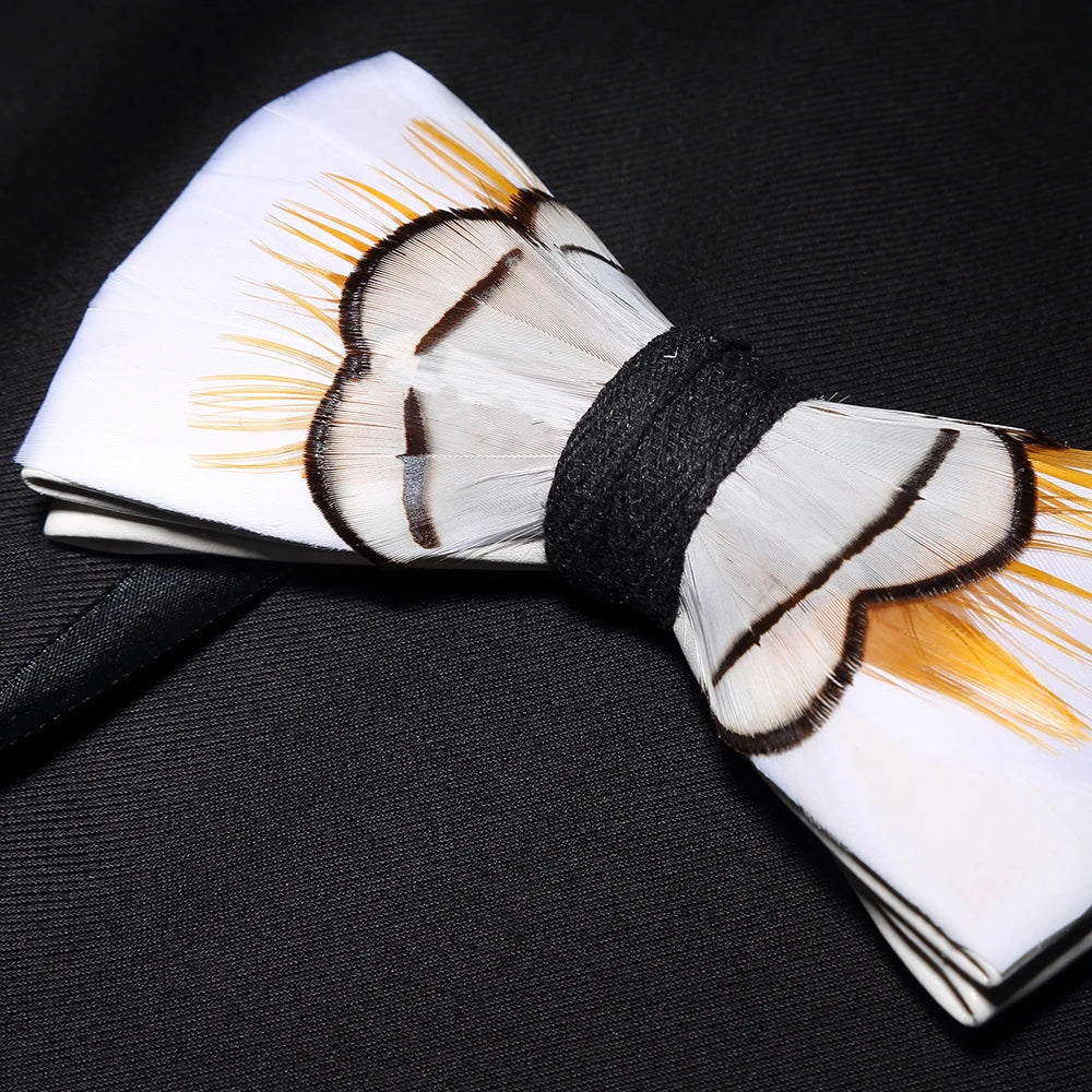 Wedding Bow Tie for Men handmade feather bow tie black white Pre-tied bowtie brooch wooden box Set for Party birthday Gift Good Vibrations
