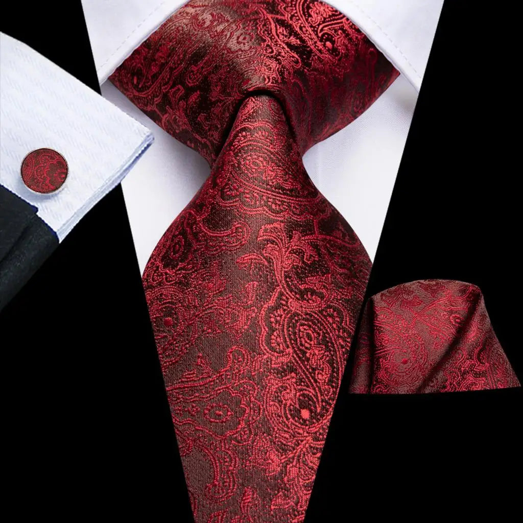 Hi-Tie Designer Red Burgundy Plaid Silk Wedding Tie For Men Handky Cufflink Gift Mens Necktie Fashion Business Party Dropshiping Good Vibrations