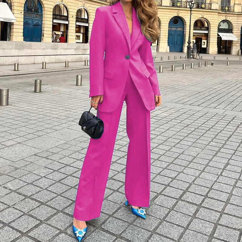 Women Single Button Suit Stylish Women's Formal Business Suit Lapel Coat Wide Leg Pants Set For Office Lady Elegant Solid Color Good Vibrations