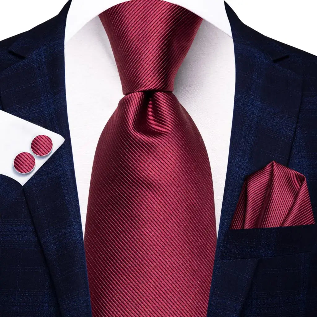 Hi-Tie Designer Red Burgundy Plaid Silk Wedding Tie For Men Handky Cufflink Gift Mens Necktie Fashion Business Party Dropshiping Good Vibrations
