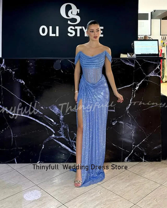 Thinyfull Mermaid Off Shoulder Prom Dresses Sleeveless Glitter Evening Dress 2025 Split Formal Gown robes de soirée Customized Good Vibrations