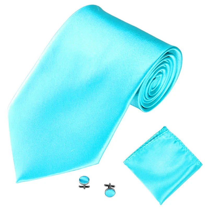 Fashion Men Women Tie Set 10CM 4'' Wedding Accessories Black White Red Blue Gray Yellow Pink Purple Cufflinks Hanky Necktie Sets Good Vibrations