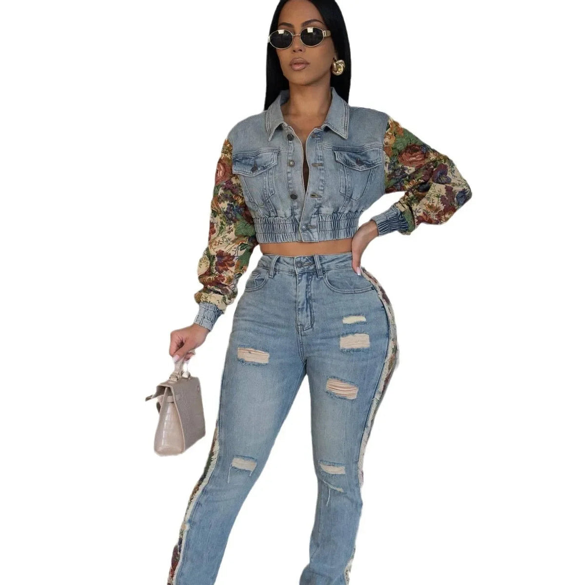 Jeans Suit Women Denim Two Piece Set Short Coat Pants Outfits Hole Trousers Flower Print Turn Down Collar Autumn 2025 Y2k Good Vibrations