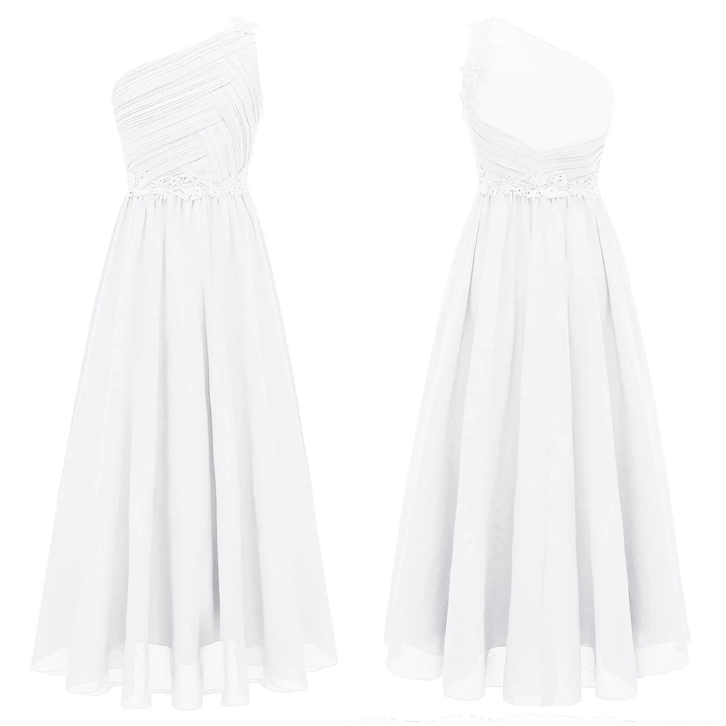 Girls Wedding Bridesmaid Dress One Shoulder Elegant Guipure Lace Ruched Chiffon Maxi Party Dresses Birthday Evening Prom Gown Good Vibrations