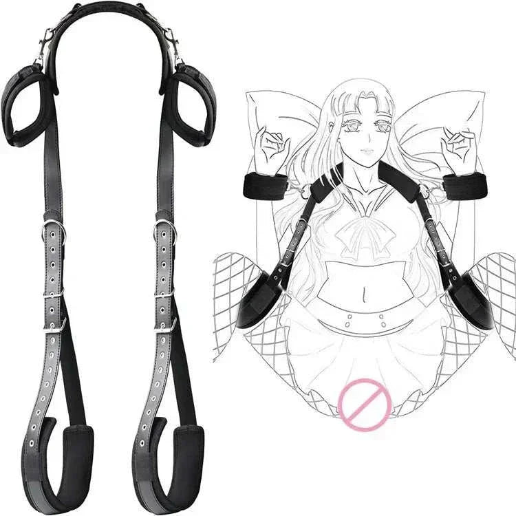 Sex bed restraint BDSM bondage system with nylon handcuffs and ankle cuffs for couples games.