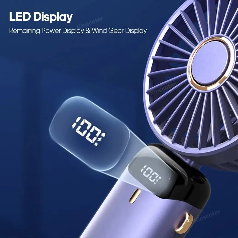 USB Handheld Mini Fan Foldable Portable Neck Hanging Fans 5 Speed Rechargeable Fan with Phone Stand and Display Screen Good Vibrations