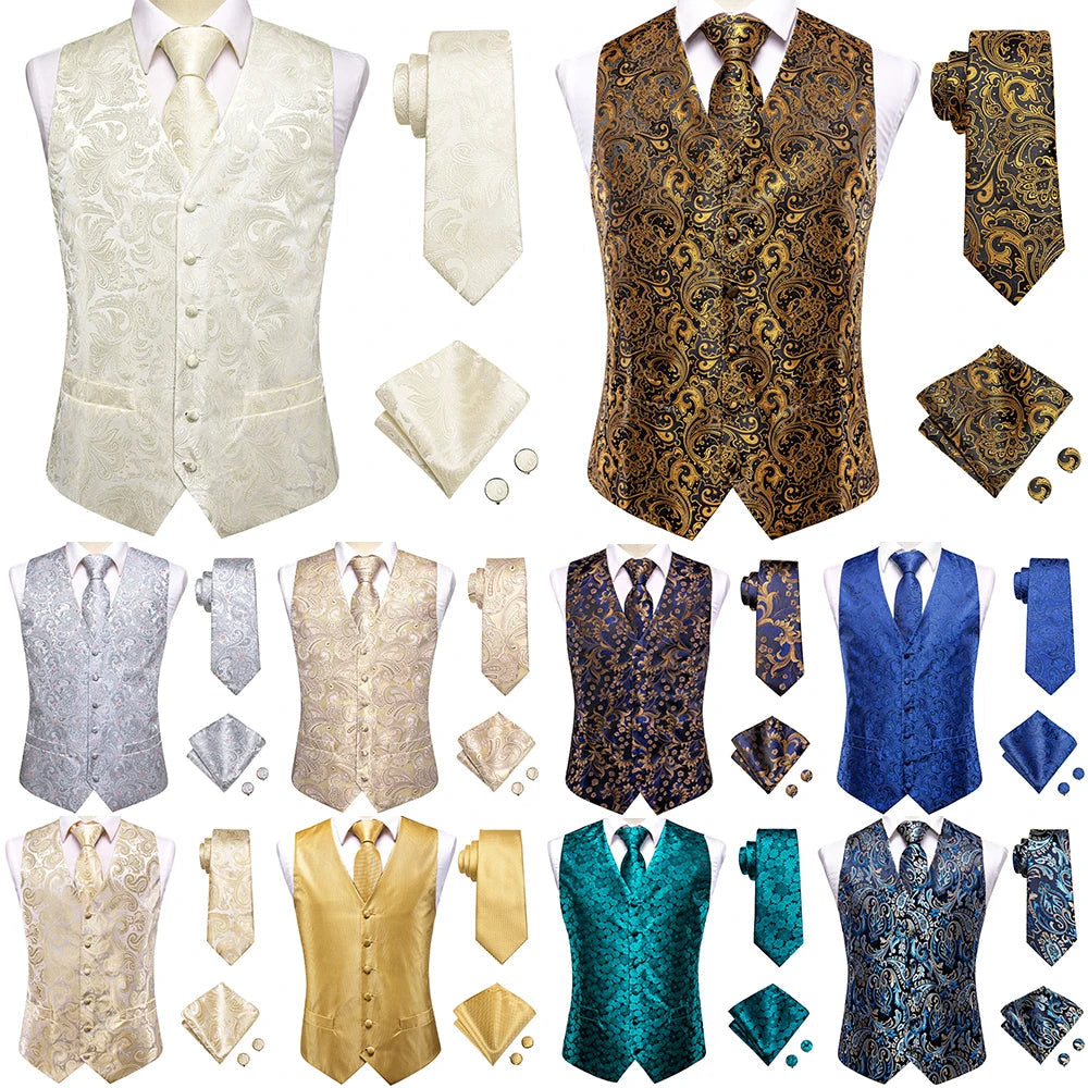 Hi-Tie Black Men Silk Vest Paisley Jacquard Necktie Hankerchief Cufflinks Sets Male Sleeveless V-Neck Waistcoat Business Formal Good Vibrations