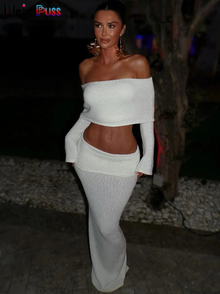 Weird Puss Elegant 2 Piece Set Women Chic Hairball Lapel Slash Neck Crop Top+Maxi Skirts Matching Autumn Trend Streetwear Suits Good Vibrations Adult Super Store