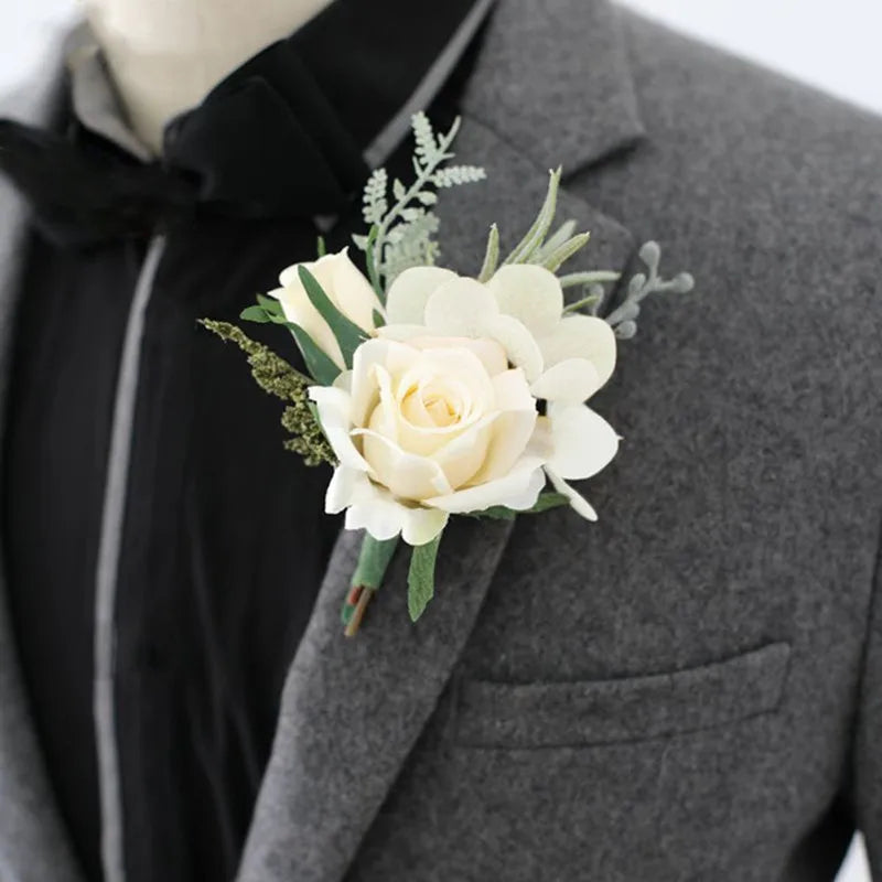 Boutonnieres Flowers Artificial White Roses Silk Ivory Corsage Buttonhole Groomsmen Boutonniere for Men Wedding Accessories Good Vibrations