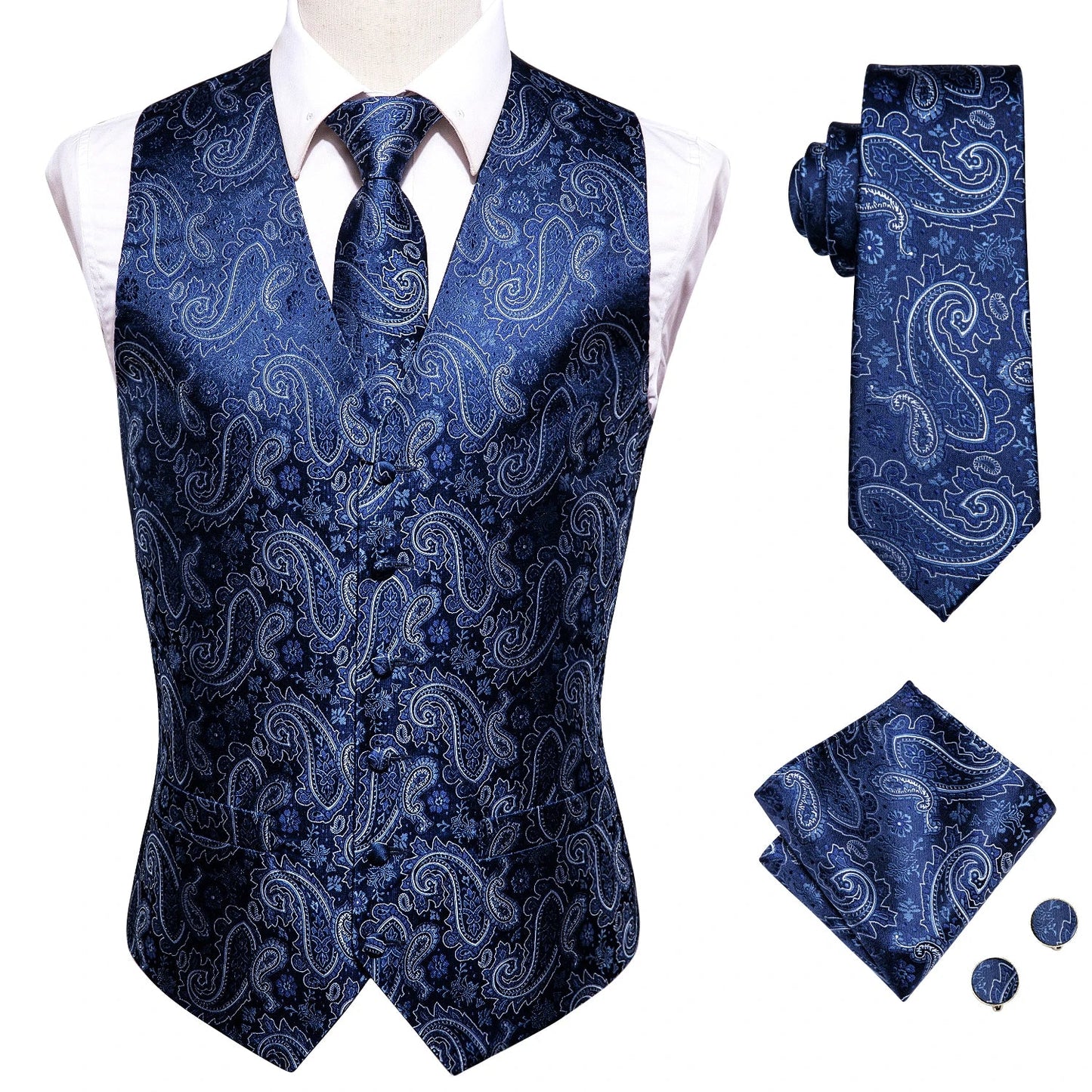 Hi-Tie Black Men Silk Vest Paisley Jacquard Necktie Hankerchief Cufflinks Sets Male Sleeveless V-Neck Waistcoat Business Formal Good Vibrations