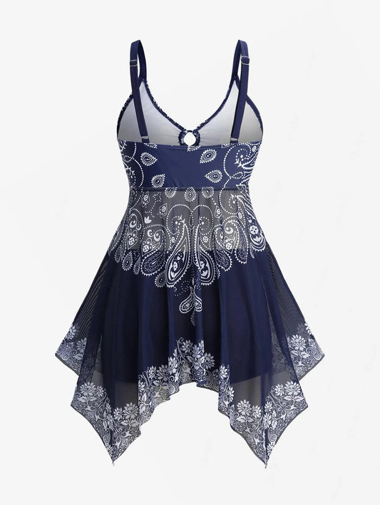 Rosegal Women’s Plus Size Paisley Floral Printed Cinched Ruched Asymmetrical Boyshorts Tankini Swimsuit Good Vibrations