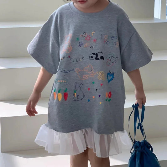 2024 Summer New Girls Short Sleeve Casual Dress Cute Flower Print Children Long T Shirts Loose Kids Princess Dress Girls Clothes Good Vibrations