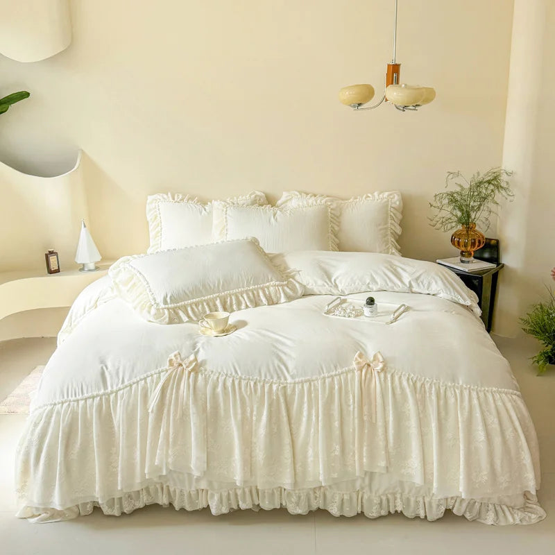 Korean style Princess lace bow bedding set pink sweet girl chiffon ruffles duvet cover bed sheet pillowcase wedding home textile Good Vibrations