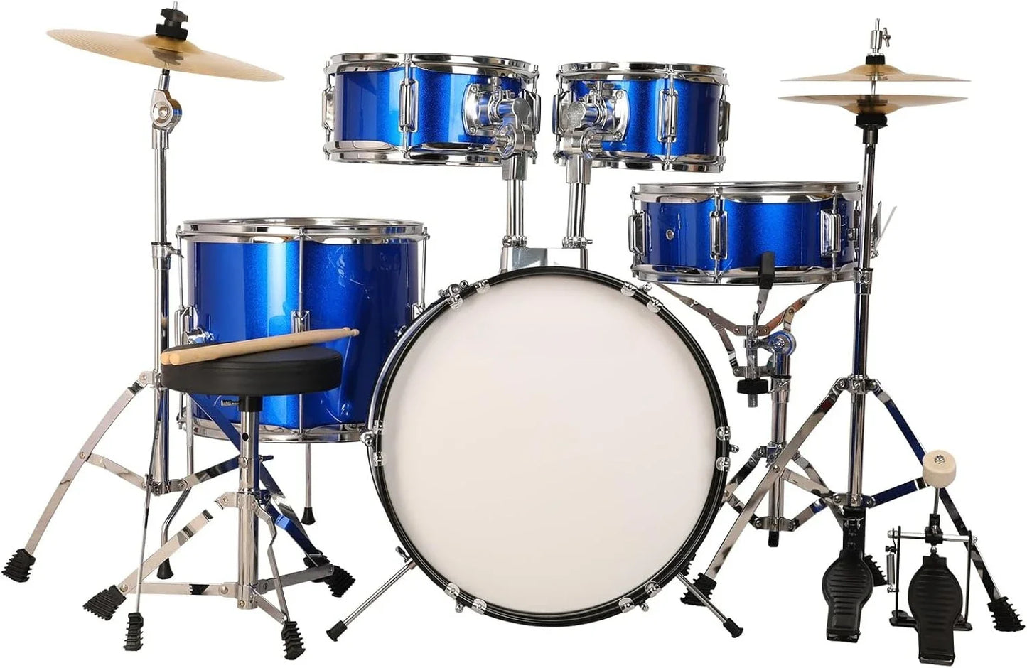 Kids 5-Piece Complete Junior Drum Set with Genuine Brass Cymbals with 16" Bass Drum, Tom-Tom, Snare, Cymbals, Hi-Tone Good Vibrations