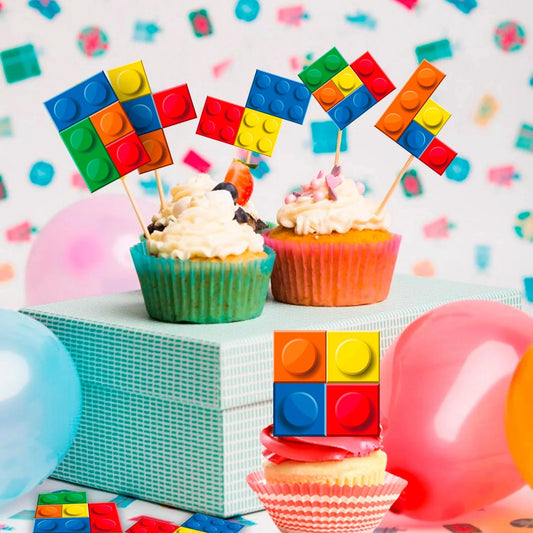 Building Blocks Cake Topper, 24 Pcs Building Block Birthday Party Cupcake Toppers + 1 Pcs Building Block Birthday Cake Topper Good Vibrations
