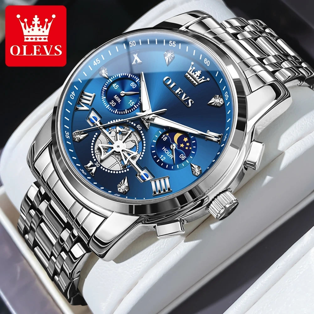 OLEVS Men's Watches Classic Multifunctional Fltwheel Chronograph Original Quartz Wristwatch Moon Phase 24 Hour Waterproof reloj Good Vibrations
