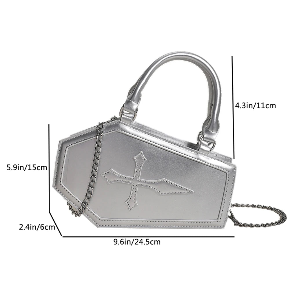Women Crossbody Bag Large Capacity Coffin Shape Phone Shoulder Bag Halloween PU Top Handle Bag for Travel Make Up Cosmetic Bag Good Vibrations