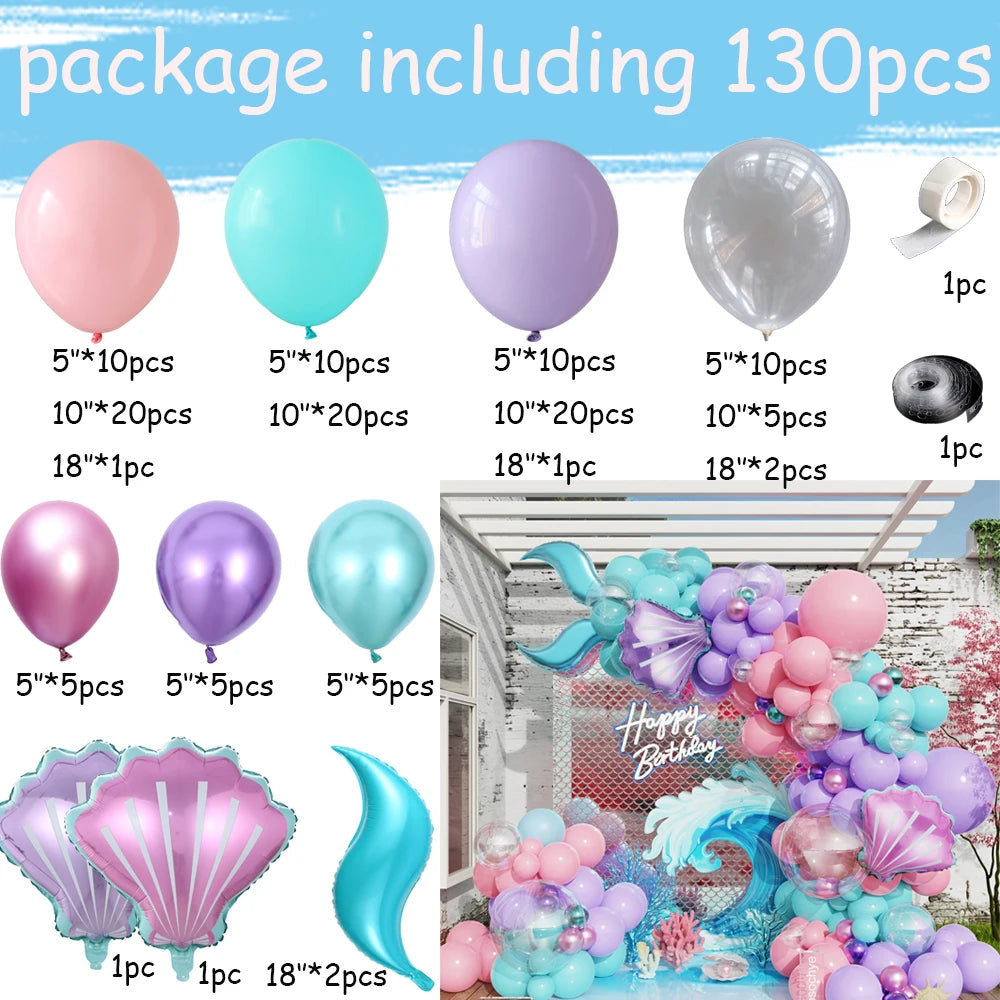 130pcs Mermaid Theme Balloon Garland Arch Kit Shell Foil Balloons Ocean Birthday Wedding Party Decorations Baby Shower Supplies Good Vibrations