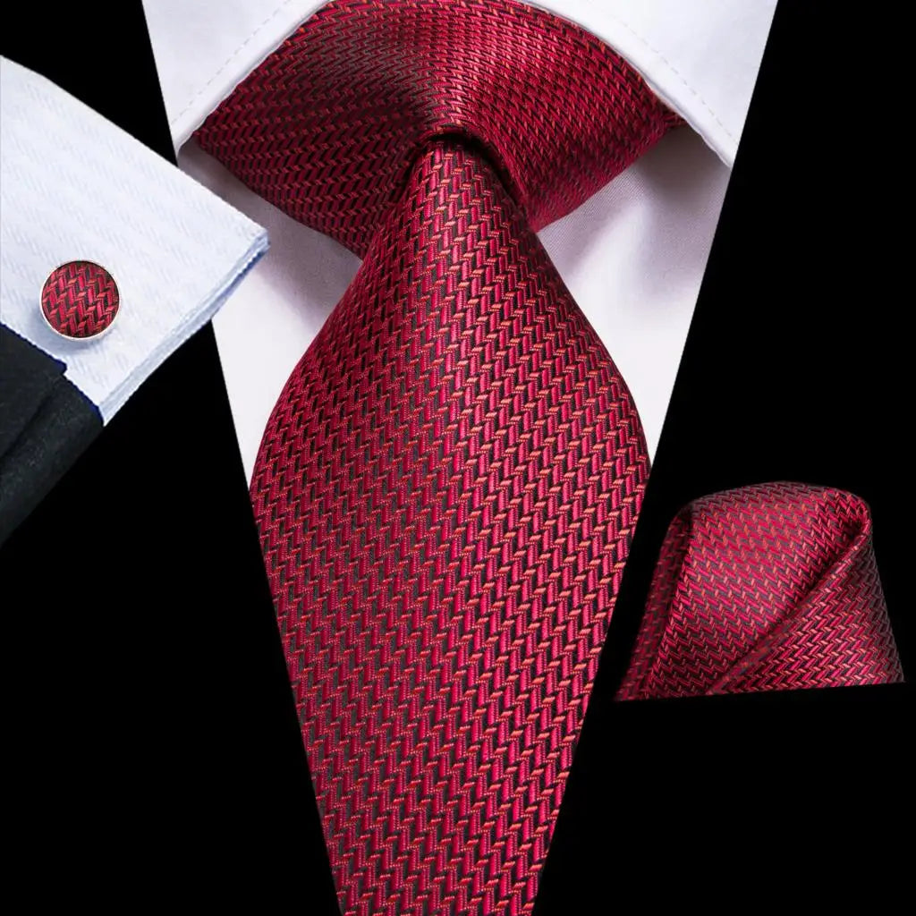 Hi-Tie Designer Red Burgundy Plaid Silk Wedding Tie For Men Handky Cufflink Gift Mens Necktie Fashion Business Party Dropshiping Good Vibrations