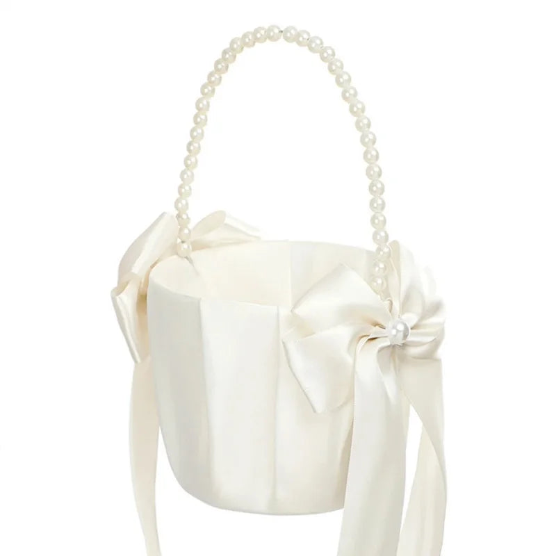 Flower Girl Basket Ring Bearer Pillow Set White Romantic Satin Bow Pearls Ring Pillow For Bride/Kid Wedding Ceremony Party Decor Good Vibrations