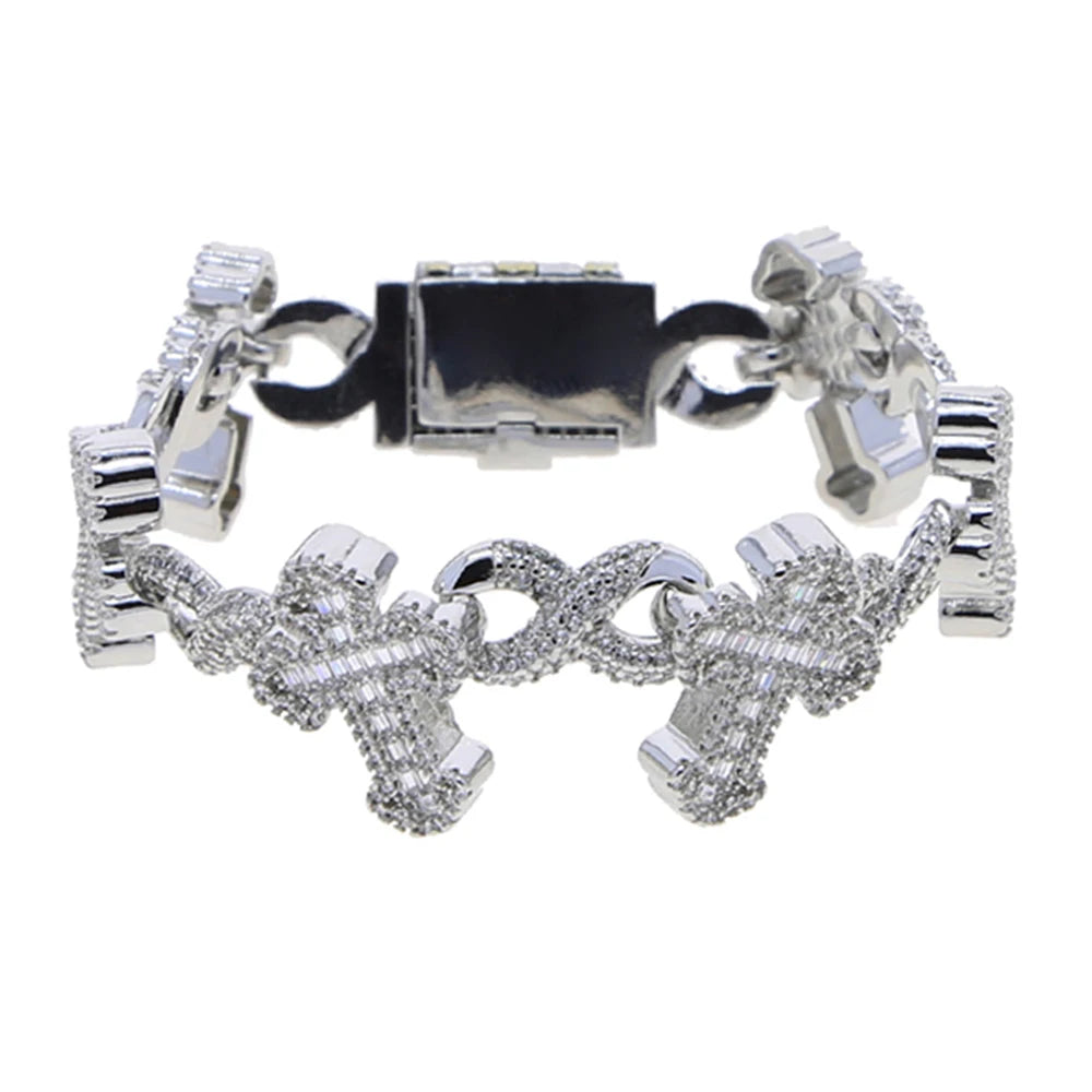 2025 New Men Boy Hip Hop Jewelry Iced Out Bling 5A CZ Multi Cross Charm X Shape Cuban Chain Charm Bracelet Gifts Good Vibrations