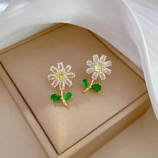 Classic Green Leaf Flower Necklace and Earrings Set Light Luxury Sunflower Personalized Banquet Stainless Steel Jewelry Good Vibrations Adult Super Store