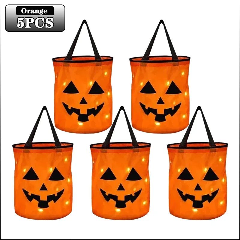 1-20PC LEDLight Up Halloween Pumpkin Candy Tote Bag Basket for Kids Trick or Treat Party Bucket for Holiday Event Decoration Use Good Vibrations