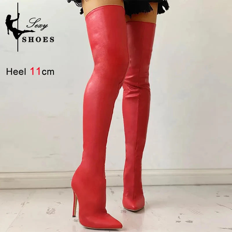 Women Boots Matte Black Pointy Toe Thigh High Long Boots Autumn Winter Zip Over-the-Knee Boots Party Shoes Plus Size 46 Stiletto Good Vibrations