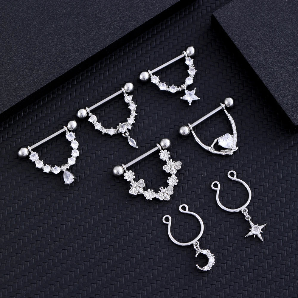 2pcs Stainless Steel Shield Bar Barbell Nipple Piercing Jewelry for Women Both Sides Screwed Sun Moon Flower Star Nipple Rings Good Vibrations Adult Super Store