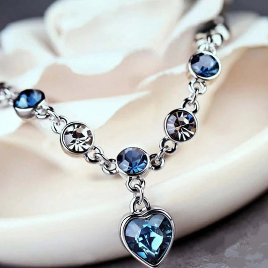 Women Silver Color Lucky Bracelet Female Blue Crystal Heart Charm Pulseras Bracelet Bridal Wedding Engagement Fine Jewelry Gift Good Vibrations