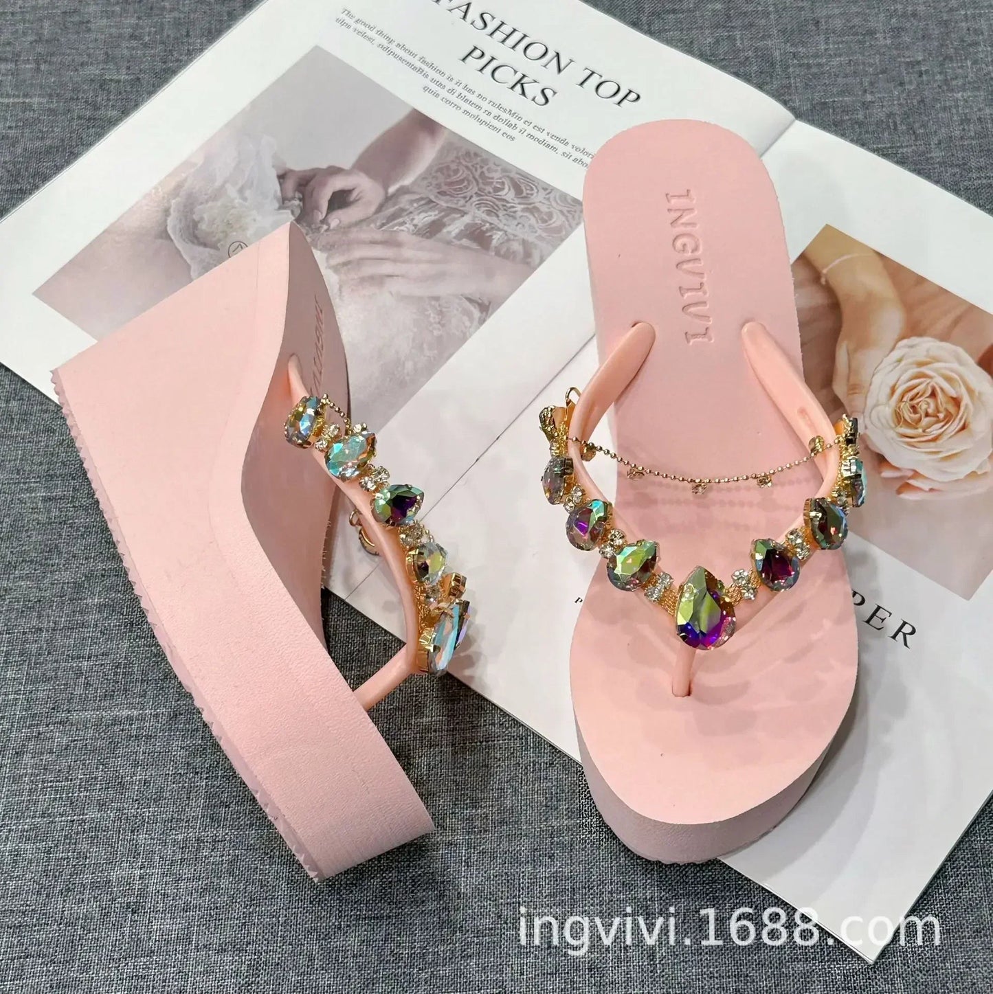 Flip Flops Women New High Heeled Slippers Women Diamond Slope Heel Slippers Elegant Fashion Beach Sandals Womens Sexy Shoes Good Vibrations
