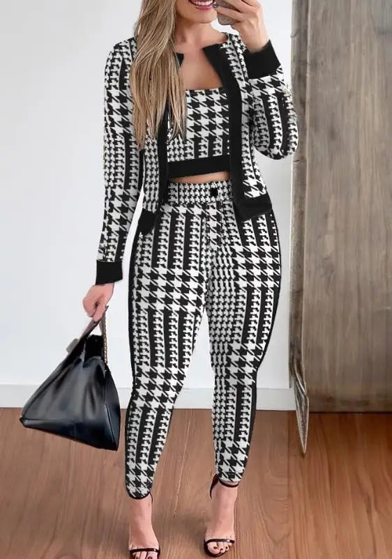 Sets Outifits Women 2024 Spring Autumn 3 Piece Set Plaid Print Crop Top & Pants Set With Coat Fashion Casual Elegant Female Set Good Vibrations