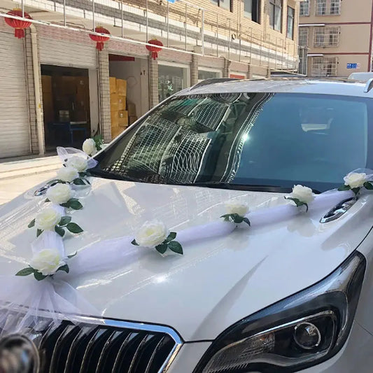 White Rose Artificial Flower for Wedding Car Decoration Bridal Car Decorations Door Handle Ribbons Silk Flower Good Vibrations
