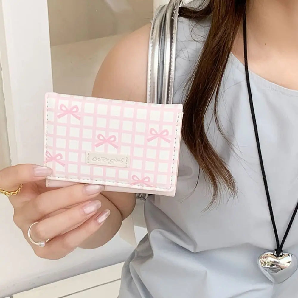 Pouch Sweet Cute Tri-Fold Purses Lattice Multiple Card Slot Women Card Holder Candy Color PU Leather Coin Purse Student Good Vibrations