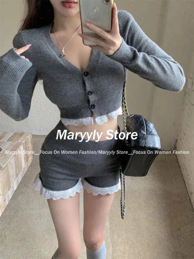 2024 autumn casual slim knitted sport suit with lace V-neck cardigan and high waist shorts for women.