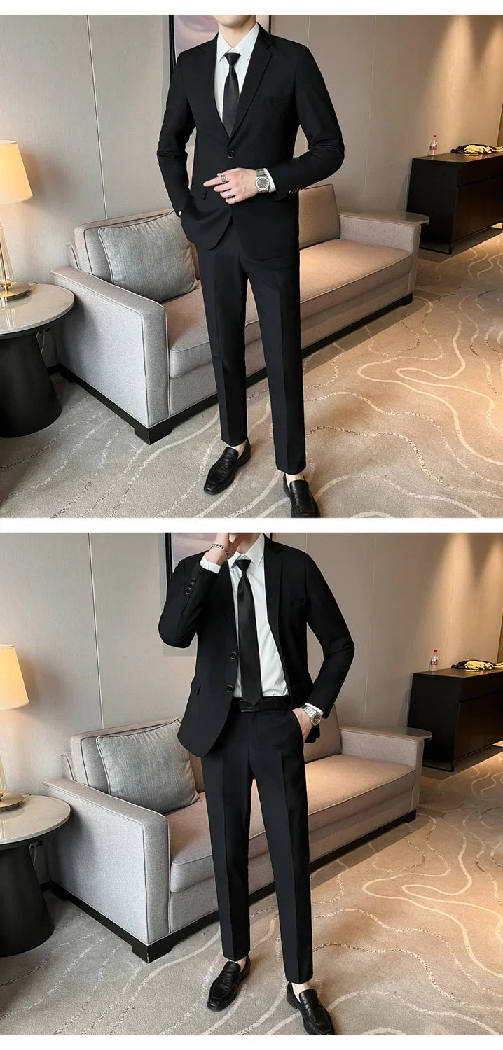 Suits for Men Korean Fashion Long Sleeve Slim Fit Wedding Business Blazer Black Professional Formal Suit Pants Sets Ropa Hombre Good Vibrations