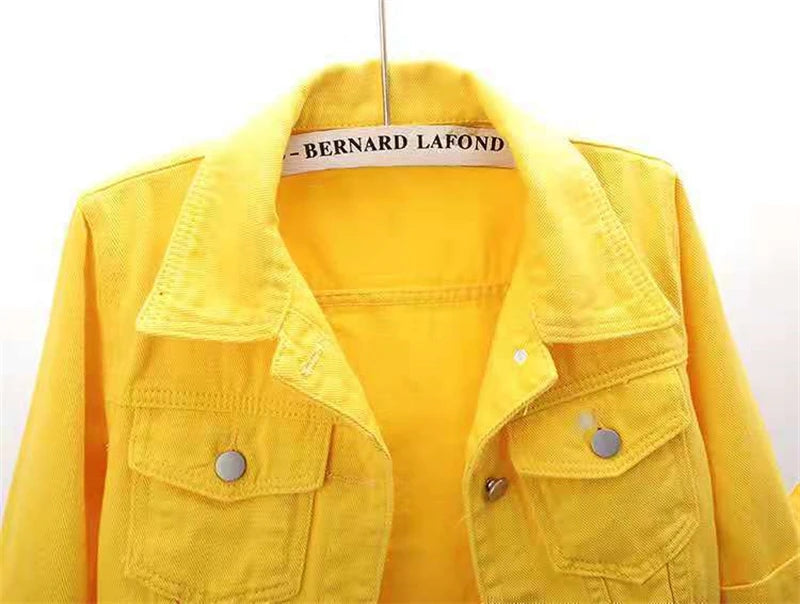 2024 New Women Spring Autumn Denim Jacket Tops Pink Color Solid Short Multicolor Feminino Three Quarter Sleeve Jean Jacket Good Vibrations